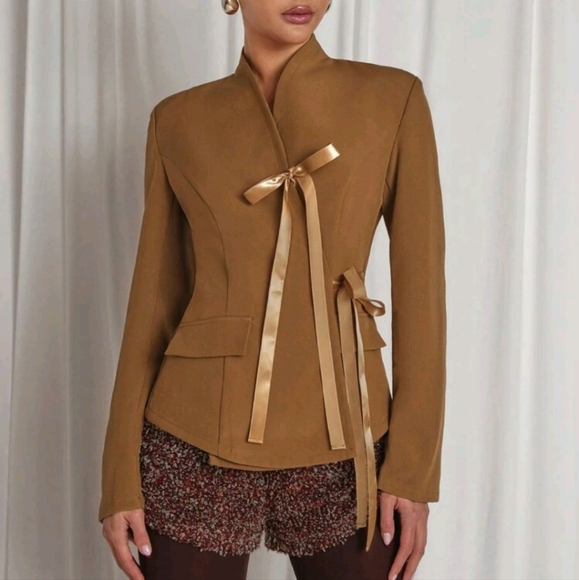 Women's Solid Color Long Sleeve Bow Decorated Elegant Jacket, Autumn - Picture 1 of 5